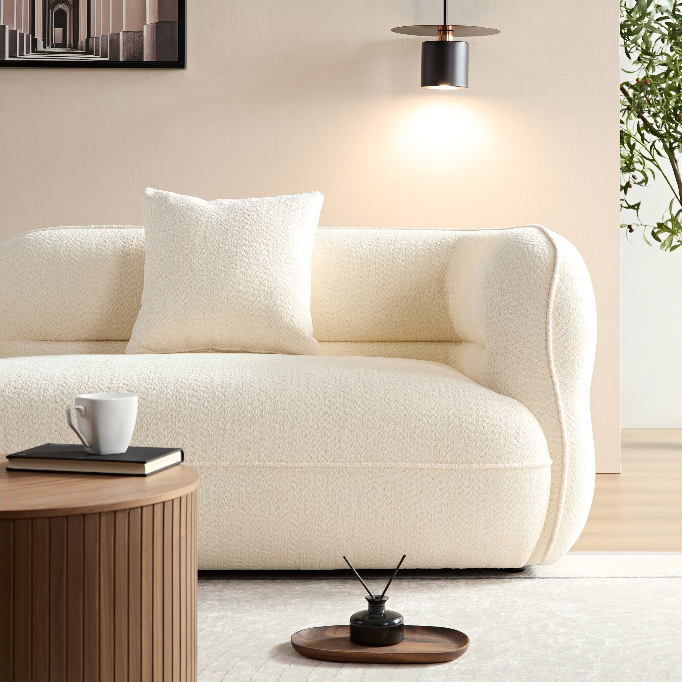 White Sectional Sofa, Durable Fabric, Solid Wood Frame
