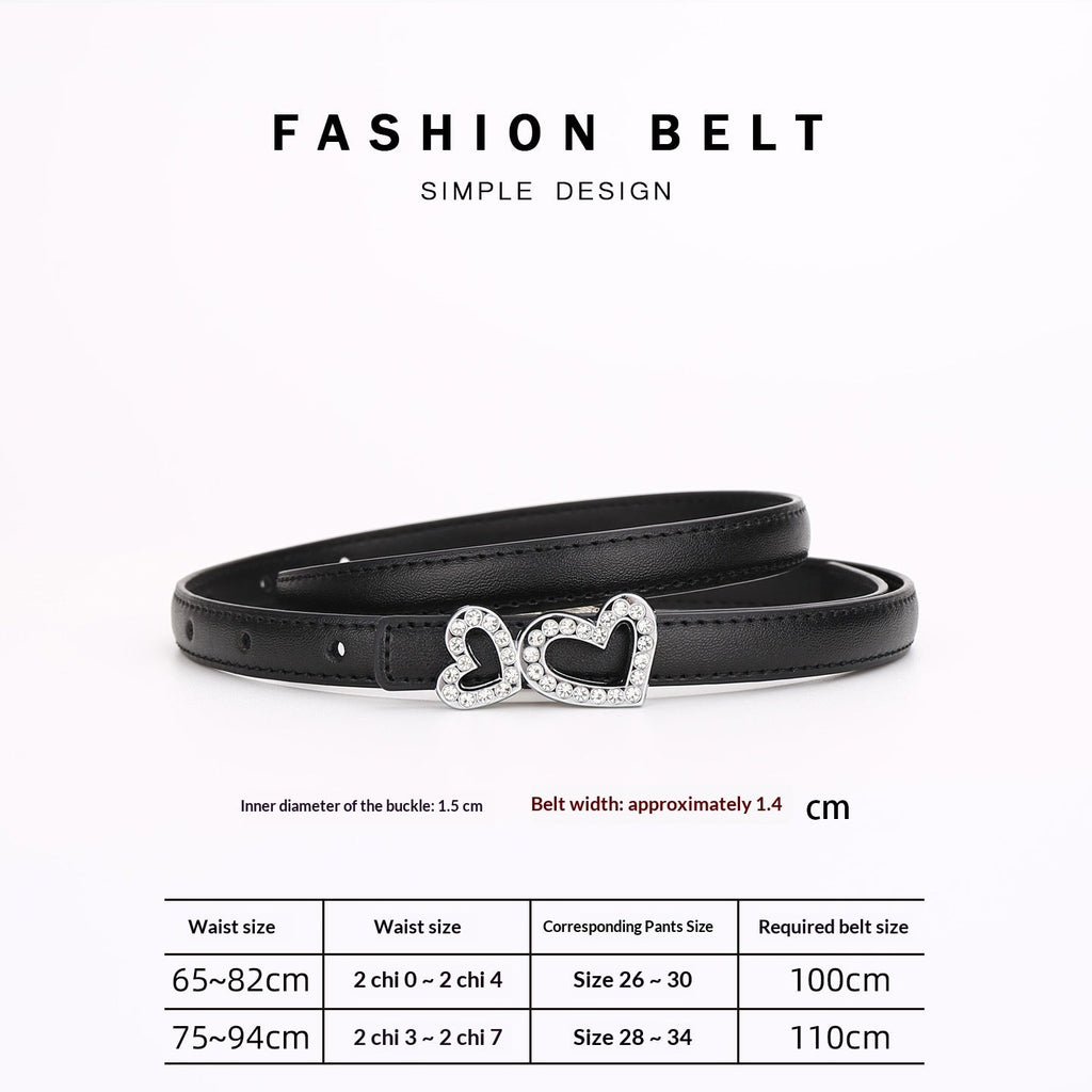 Genuine Cowhide Women's Slim Belt - Heart Shape Rhinestone Decorated Thin Waist Strap for Dress