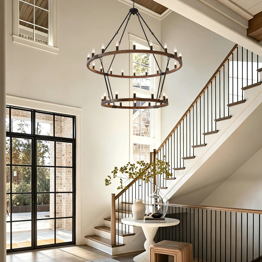 Large Solid Wood Wagon Wheel Chandelier - 32 Lights