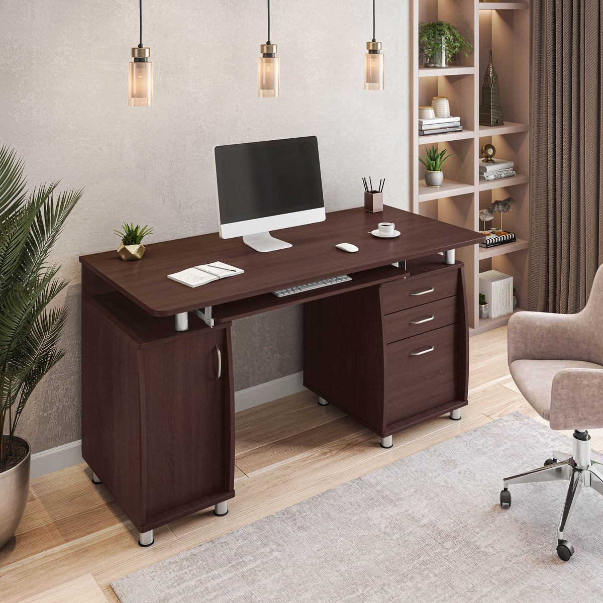 Techni Mobili Complete Workstation Computer Desk with Storage, Chocolate
