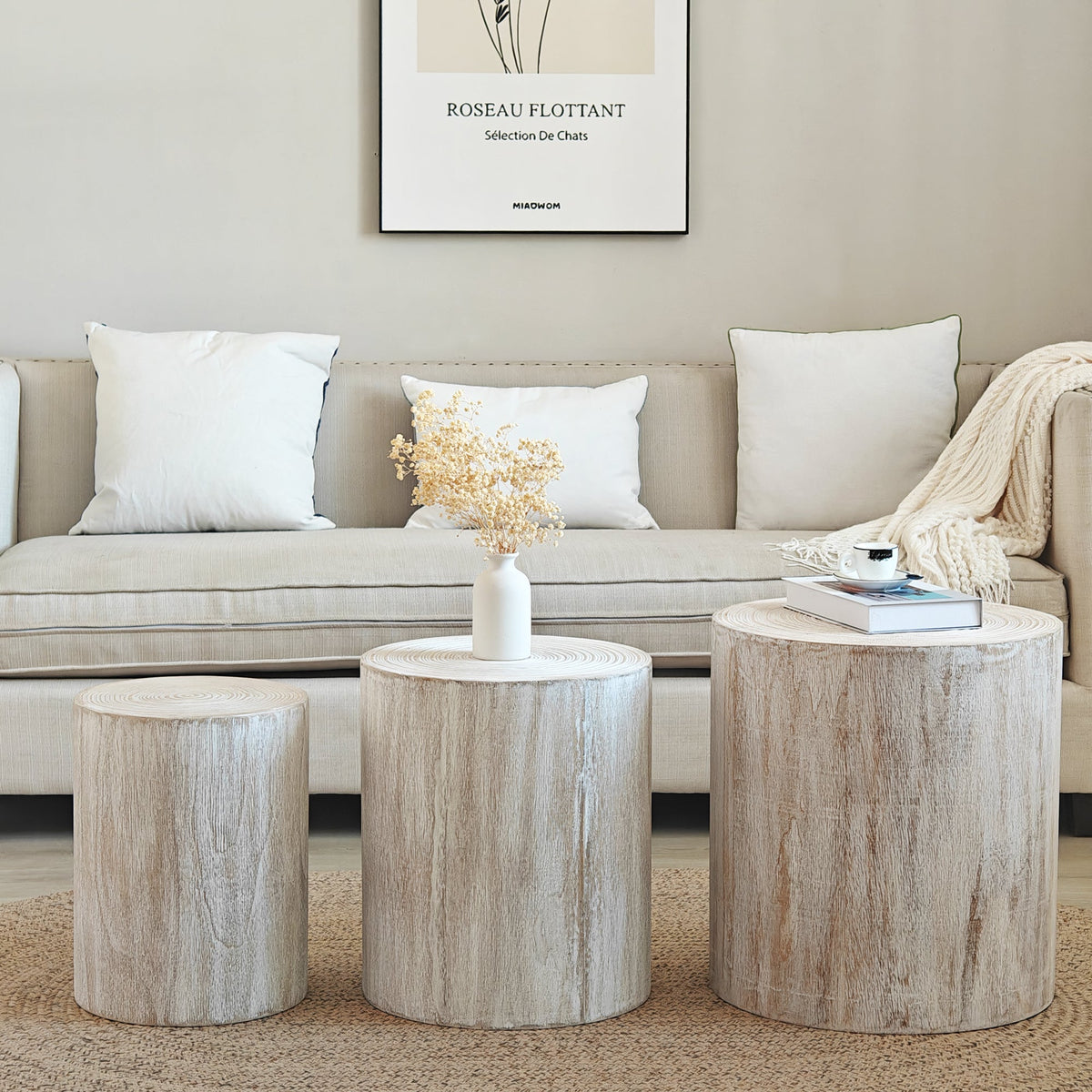 Set of 3 Rounded Wood Coffee Tables, End Tables, Plant Stands