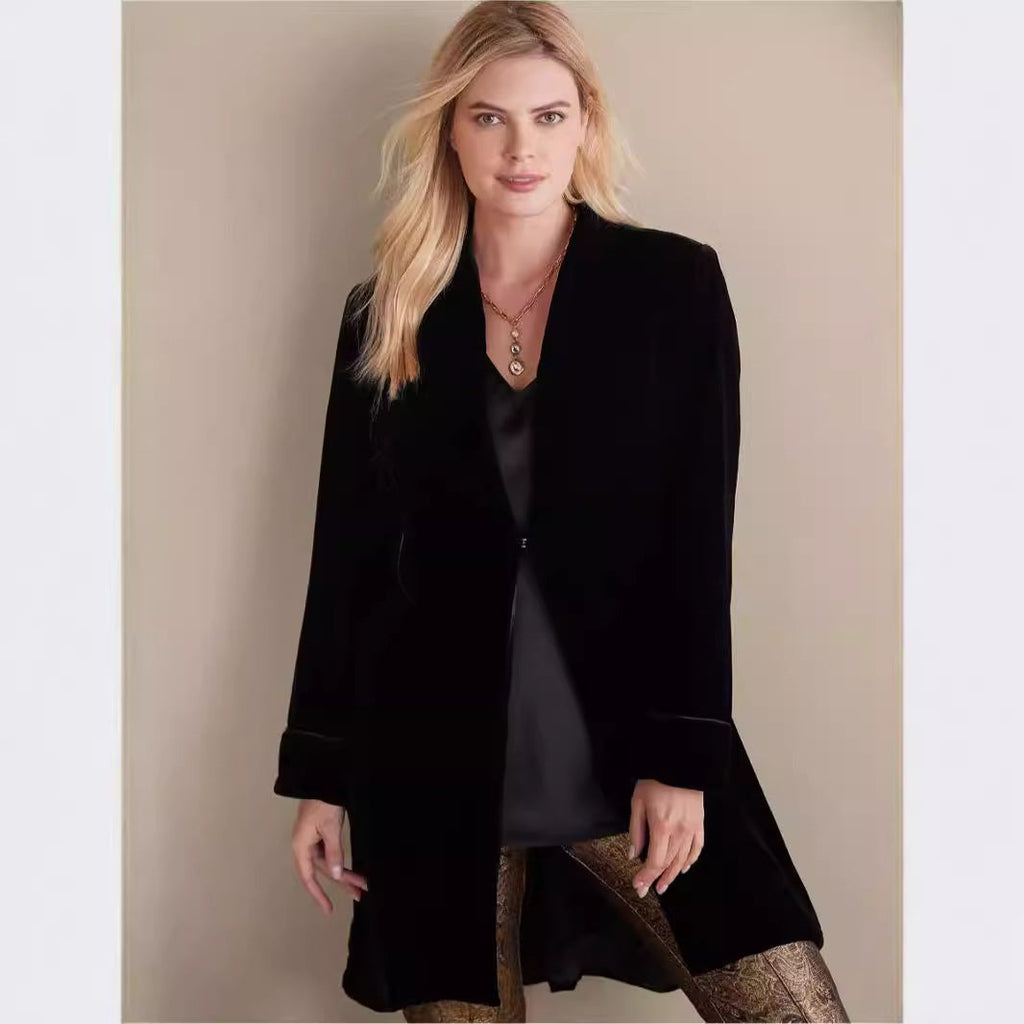 Solid-color Street-style Velvet Long Blazer