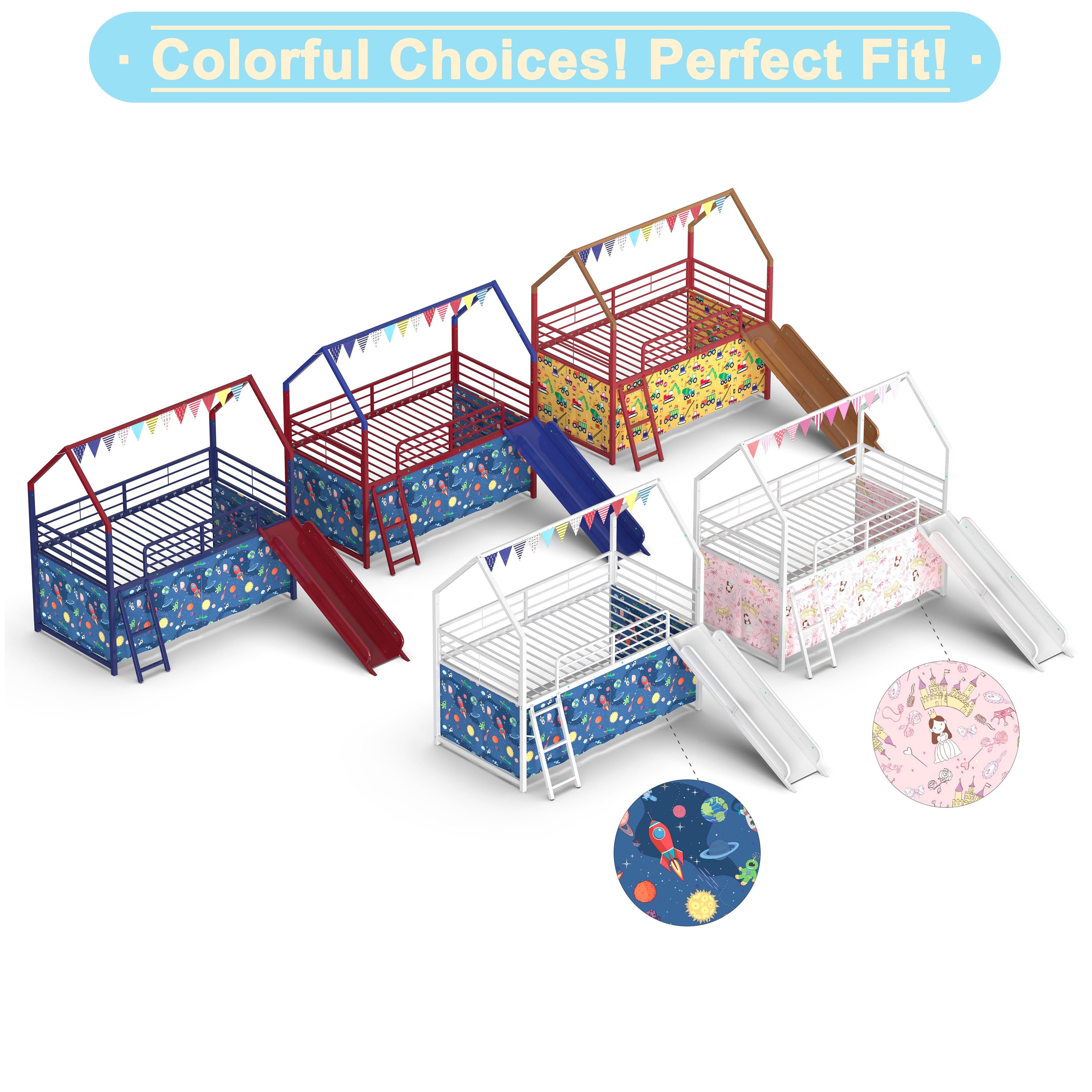 Jack Metal Junior House Twin Loft Bed with Slide and Curtain Set