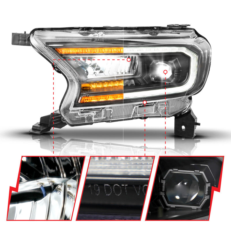 ANZO 19-23 Ford Ranger (Factory Halogen Model) Full LED Proj Headlights Init/DRL/SeqSig Black - Pair 111632A