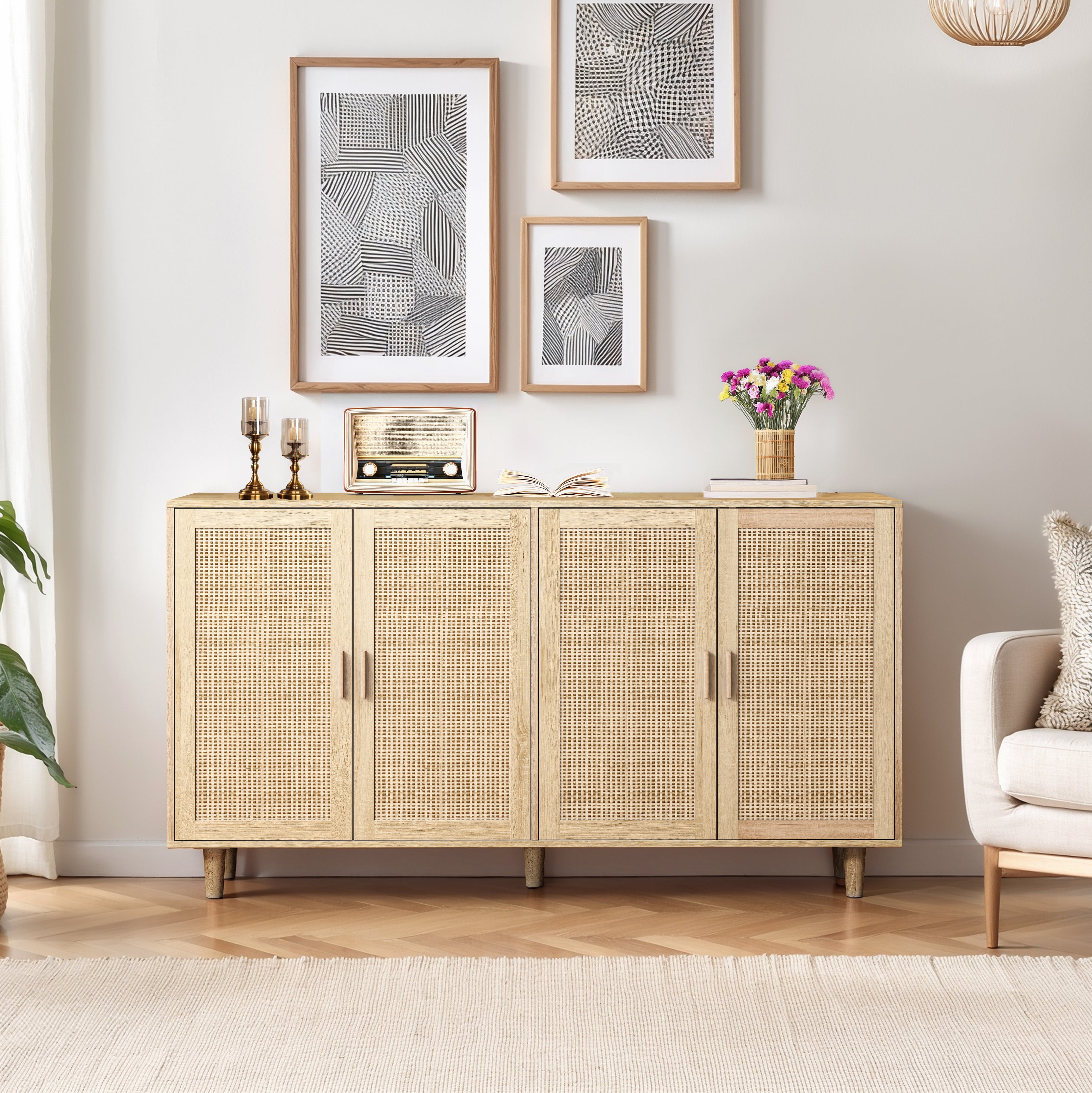 Elegant and Functional 4-Door Rattan Decorative Storage Cabinet