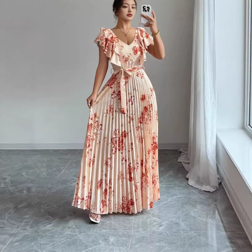 Women's V-neck Printed Ruffle A-line Dress