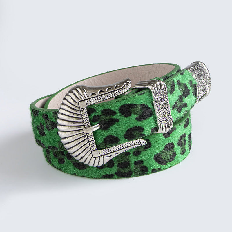 European And American New Retro Carved Imitation Horse Hair Leopard Print Fashion Y2K Dopamine Western Buckle Belt Cross-Border Women's Belt