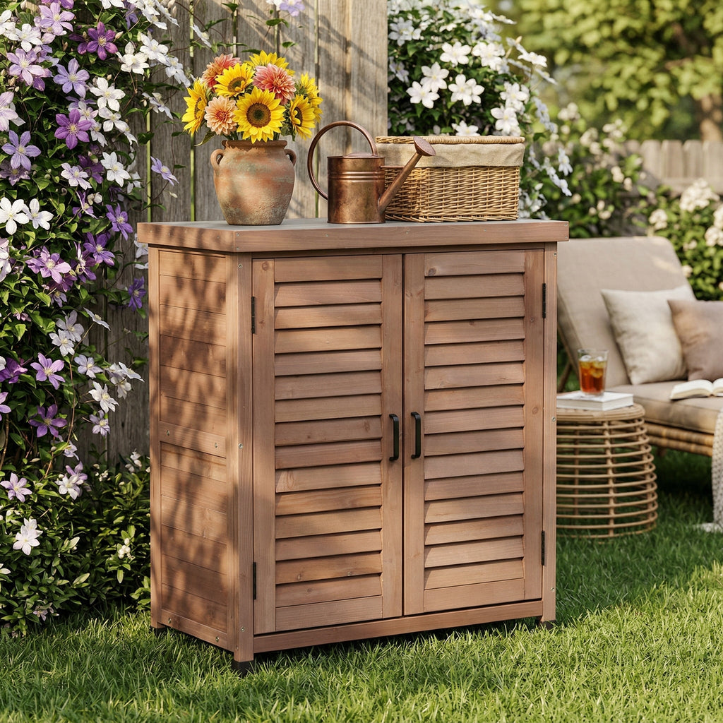 Potting Bench with Storage Cabinet and Metal Table Top