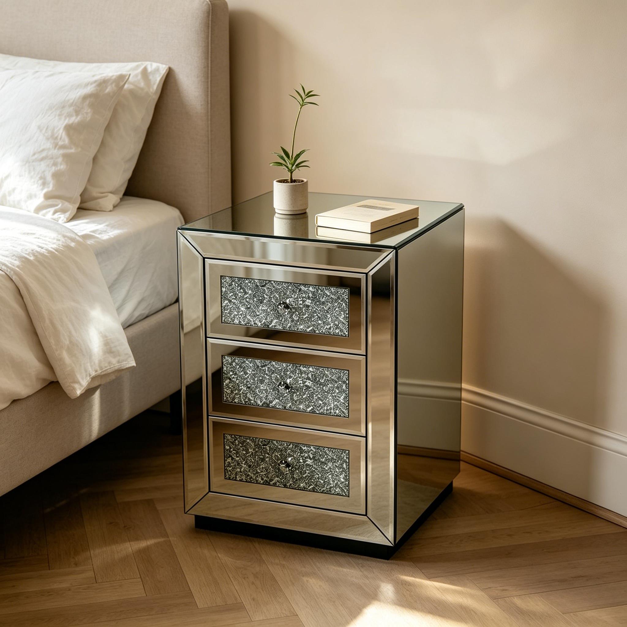 Mirrored Nightstand 3 Drawer
