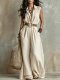 European And American Women's Fashion Cross-border Summer New Loose V-neck Sleeveless Solid Color Casual Elegant Buttoned Women's Jumpsuit