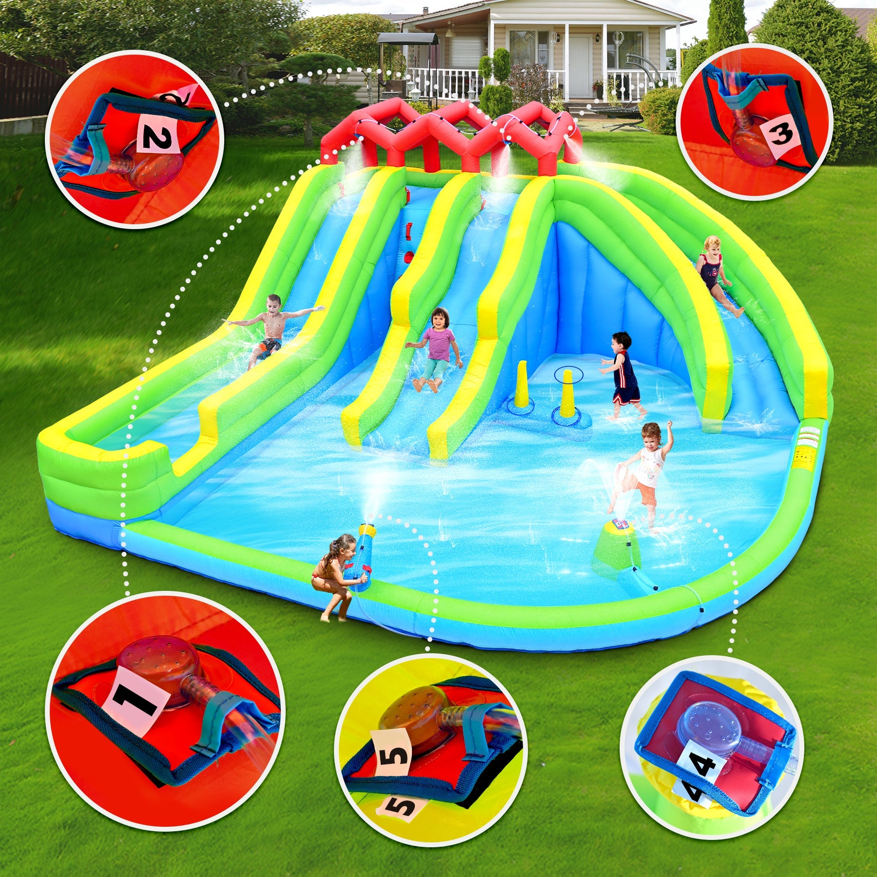 7 in 1 Inflatable Water Park with Three Slides