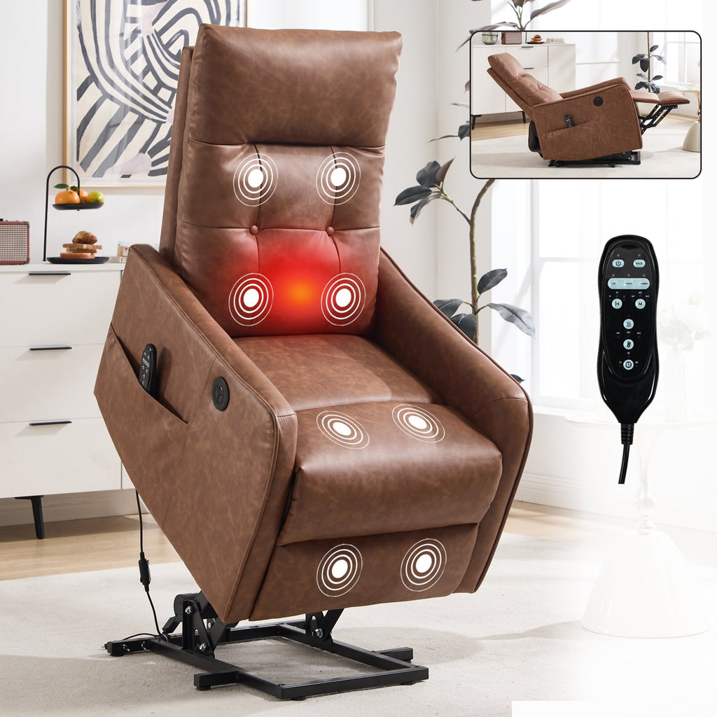 Brown PU Single Motor Power Lift Recliner Chair with Massage and Heat