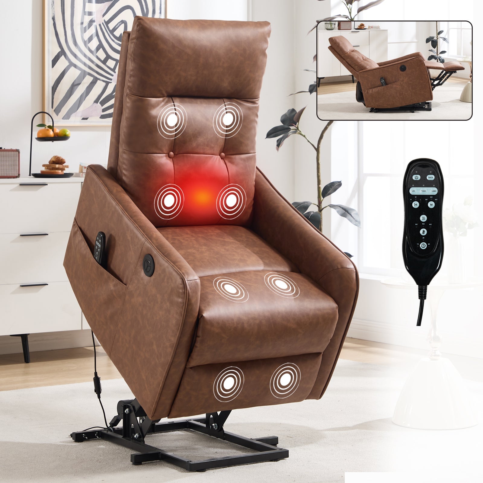 Brown PU Single Motor Power Lift Recliner Chair with Massage and Heat