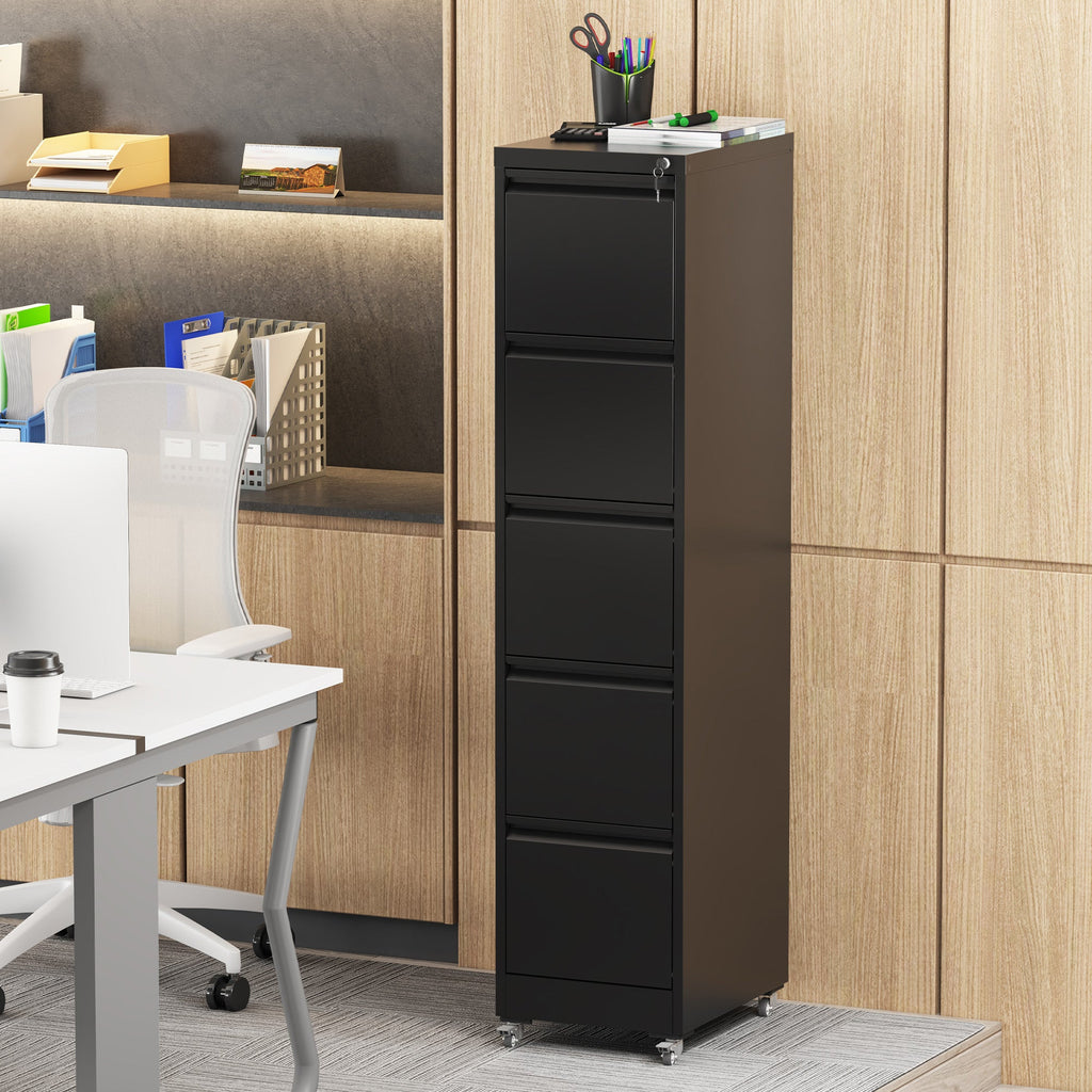 5 Drawer Metal Vertical File Cabinet with Lock on Wheels