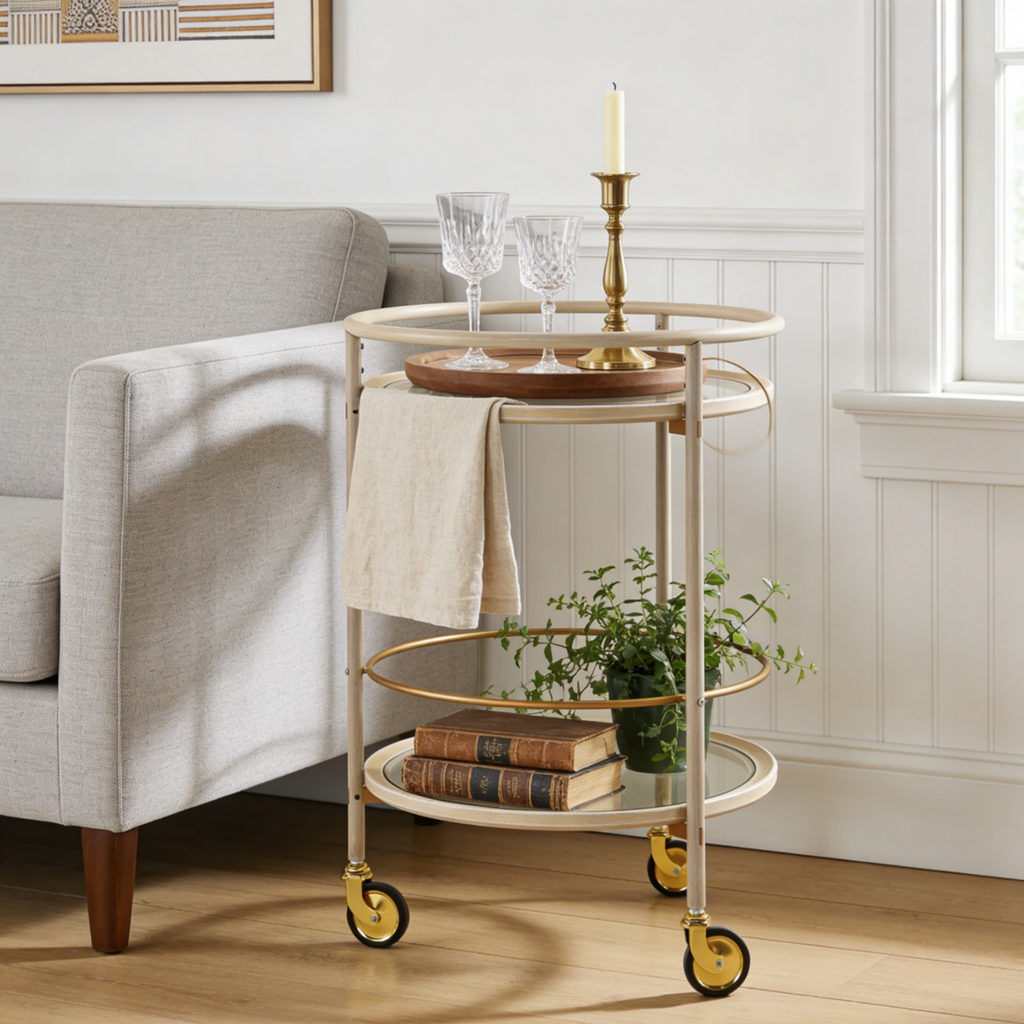 Round Bar Cart with Tempered Glass Shelves