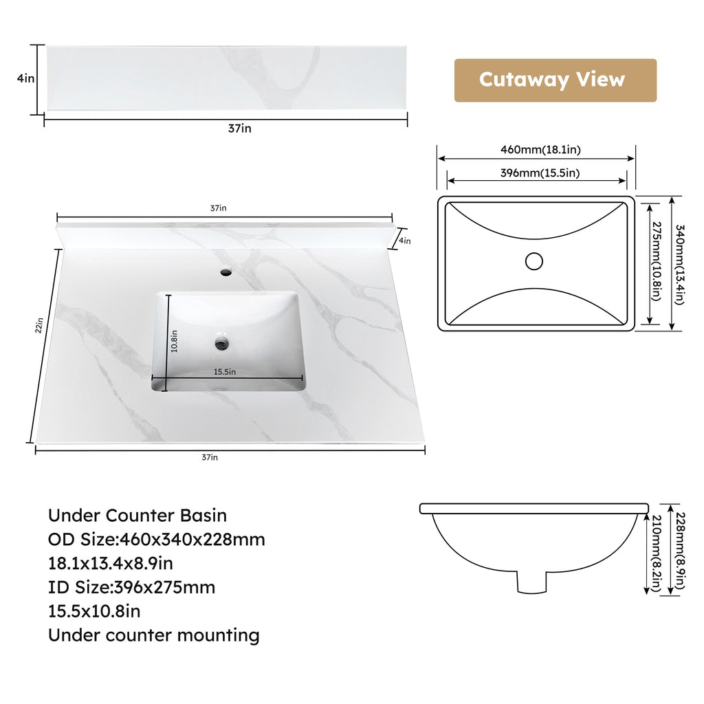 37-Inch Quartz Bathroom Vanity Top with Undermount Sink