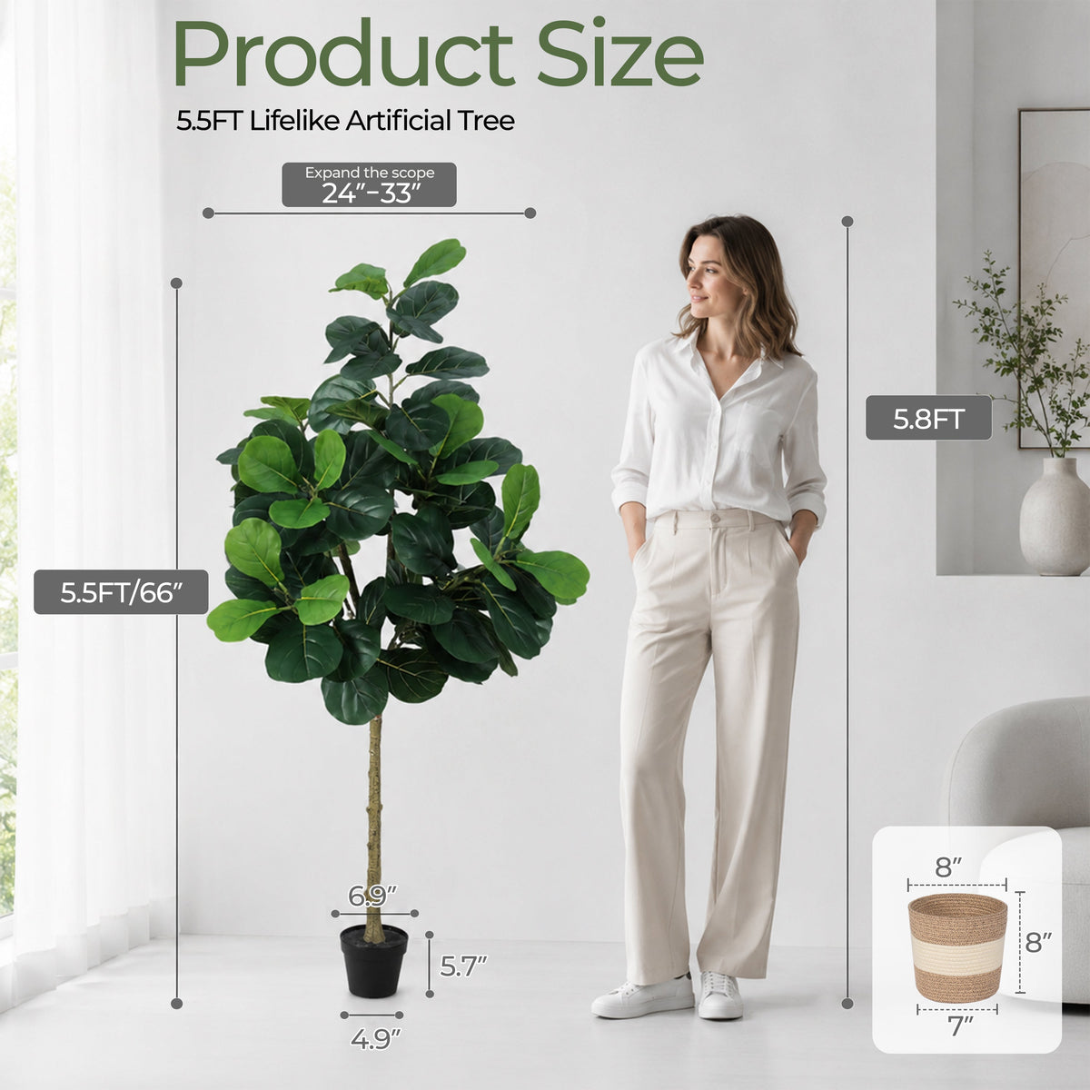 Artificial Fiddle Leaf Fig Tree 5.5FT with Planter