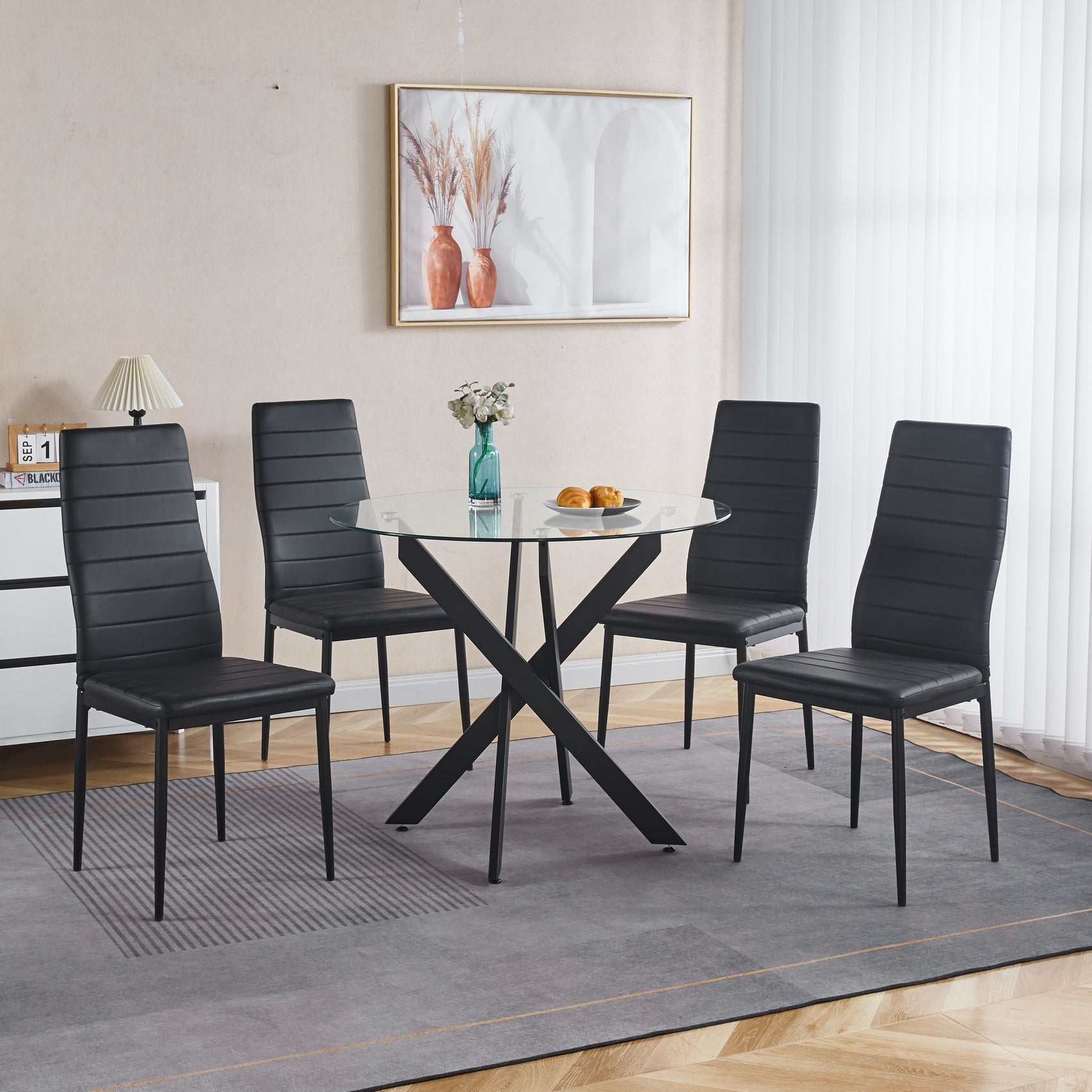 Black Dining Table with Cross Metal Leg and Tempered Glass