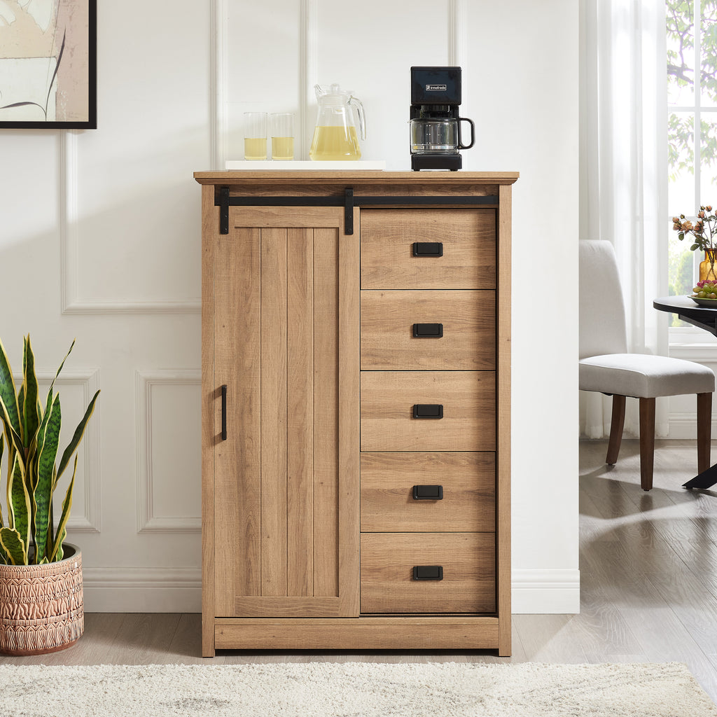 Farmhouse Modern 5 Drawer Dresser with Sliding Barn Door