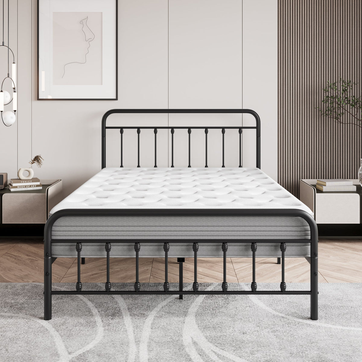 Metal Platform Bed Frame with Victorian Style Headboard