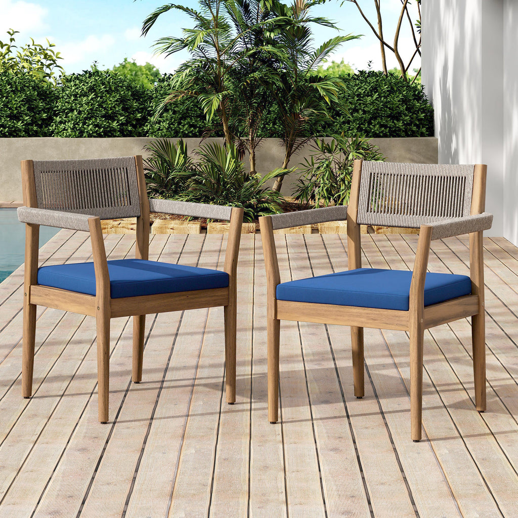 Braided Acacia Wood Outdoor Dining Chairs Set of 2
