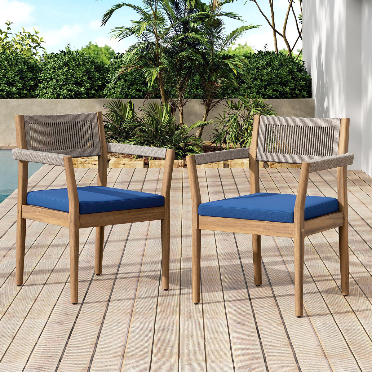 Braided Acacia Wood Outdoor Dining Chairs Set of 4