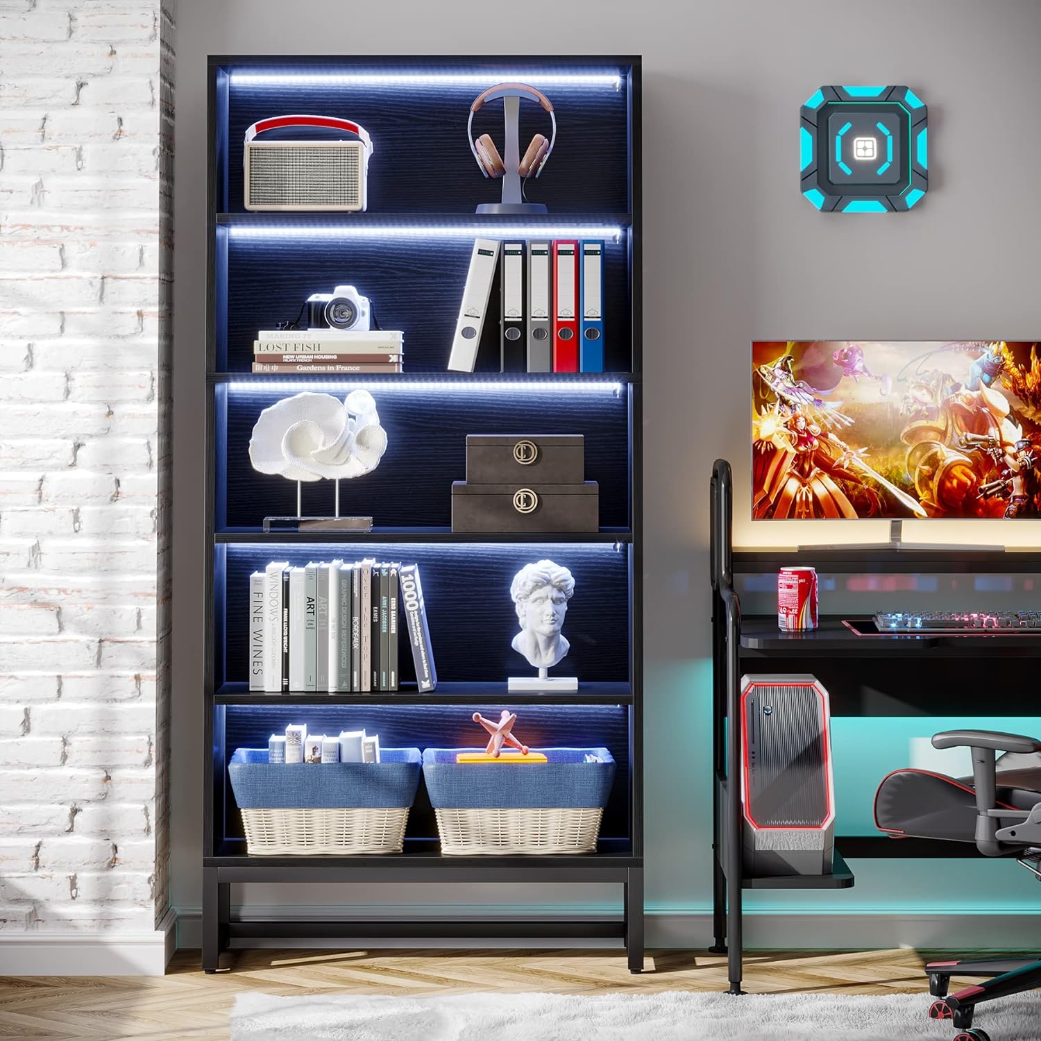 70.87" Black 5-Tier LED Library Bookshelf