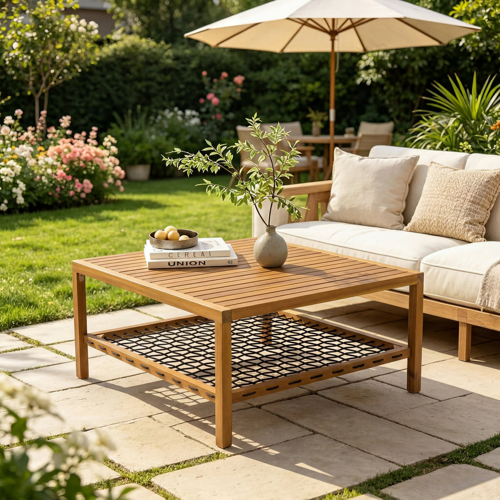 Outdoor Acacia Wood Coffee Table with Woven Rope Storage Shelf
