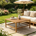 Outdoor Acacia Wood Coffee Table with Woven Rope Storage Shelf
