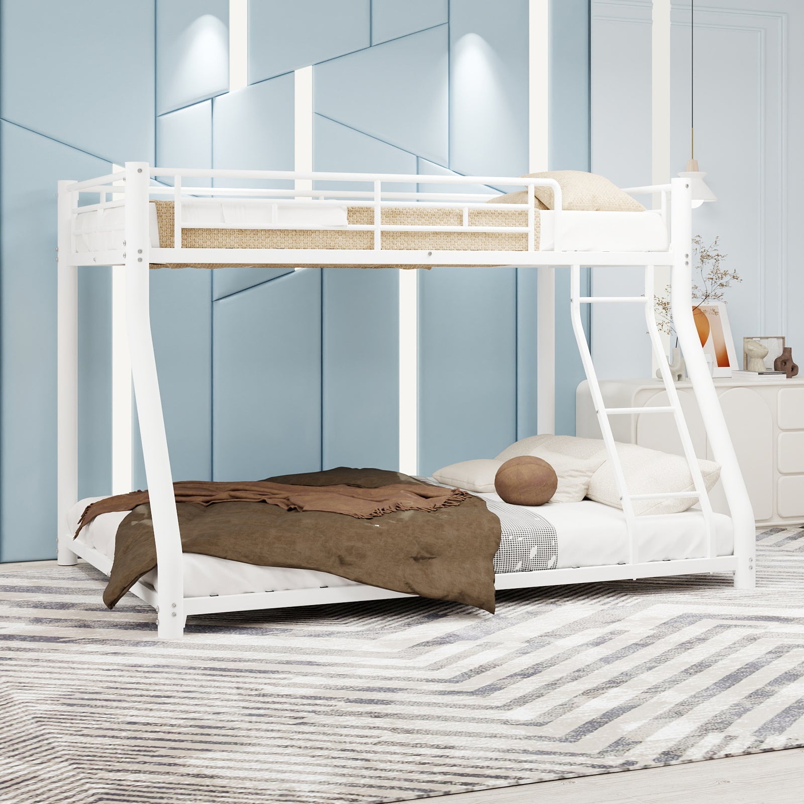 Metal Bunk Bed Twin Over Full Size with Removable Stairs