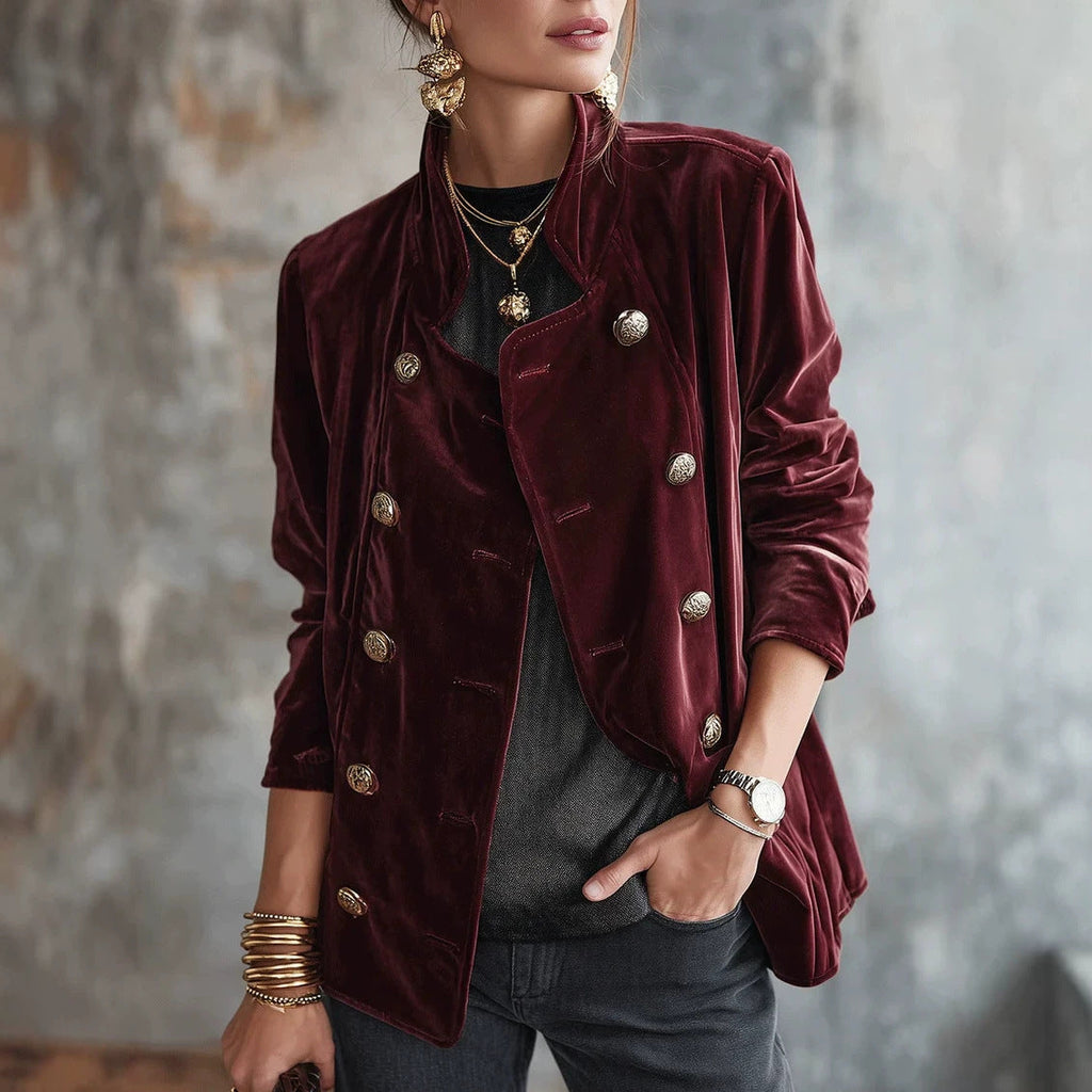 Vintage-chic Gold Velvet Coat For Women