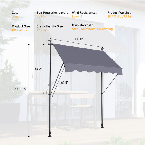 Manual Retractable Awning - 118'' Non-Screw Outdoor Sun Shade Cover