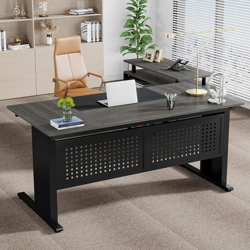 63" L-Shaped Executive Desk with File Cabinet