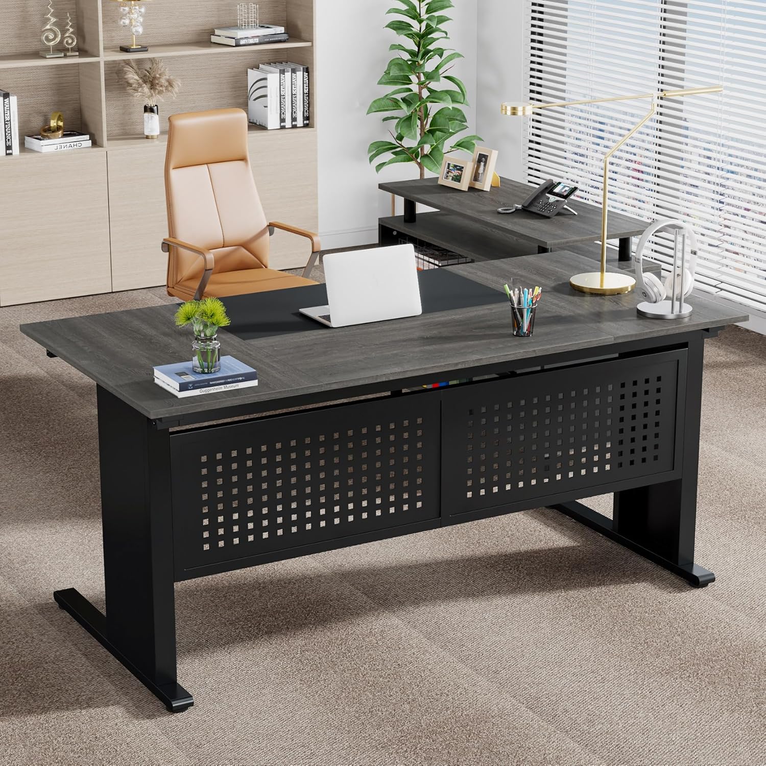 63" L-Shaped Executive Desk with File Cabinet