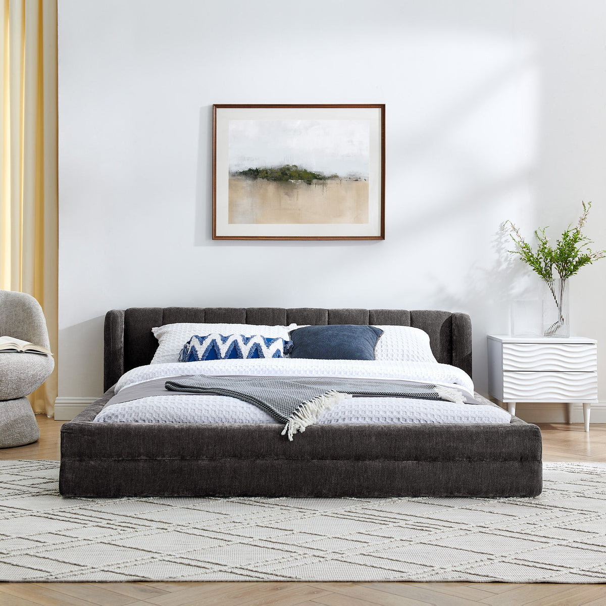 Queen Size Upholstered Bed Frame with Thick Fabric - Dark Grey