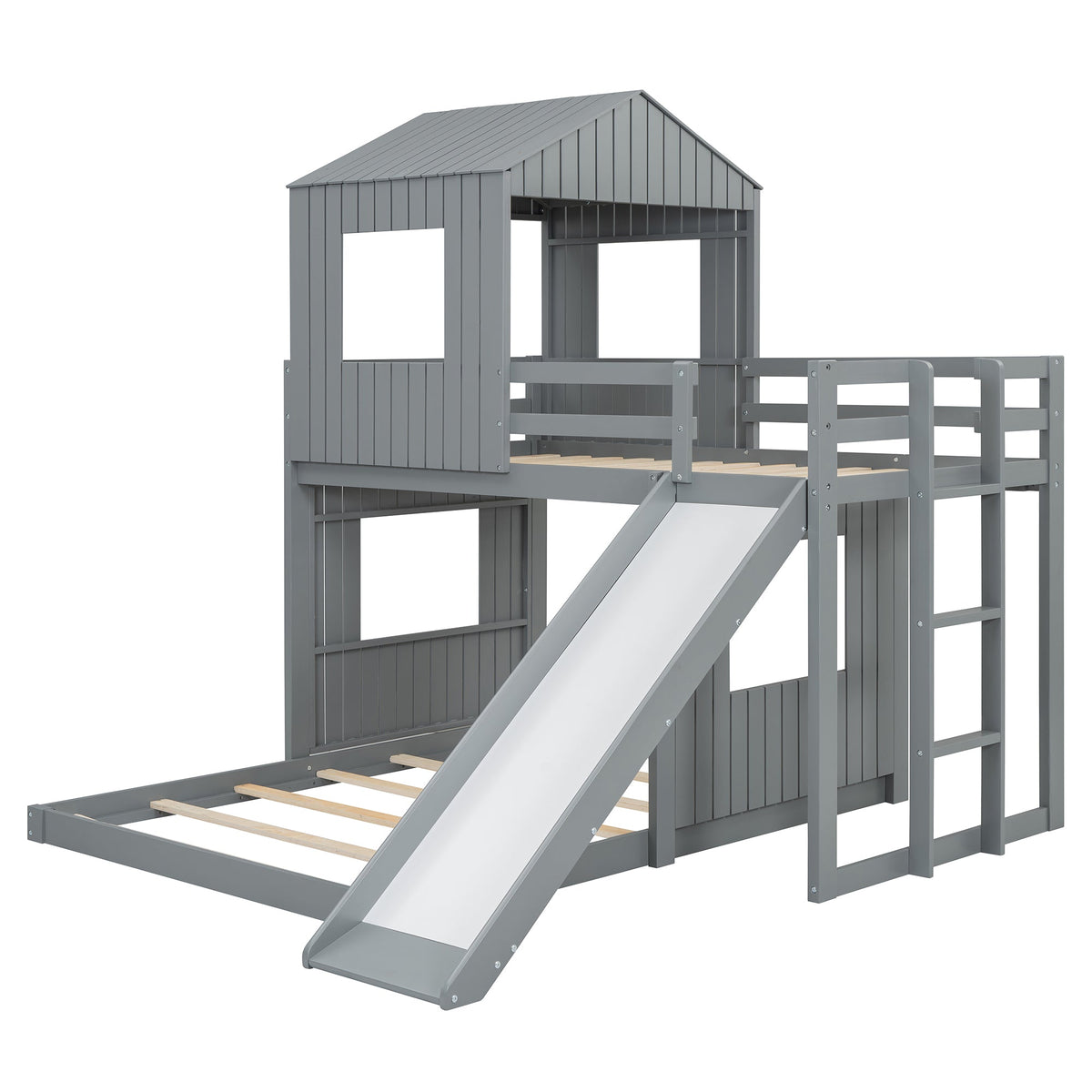Wooden Twin Over Full Bunk Bed, Loft Bed with Playhouse