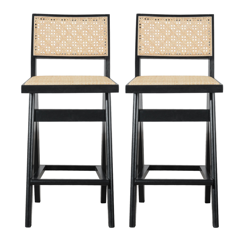 Keira Mid-Century Rattan Bar Stool Set of 2 with Leather Seat