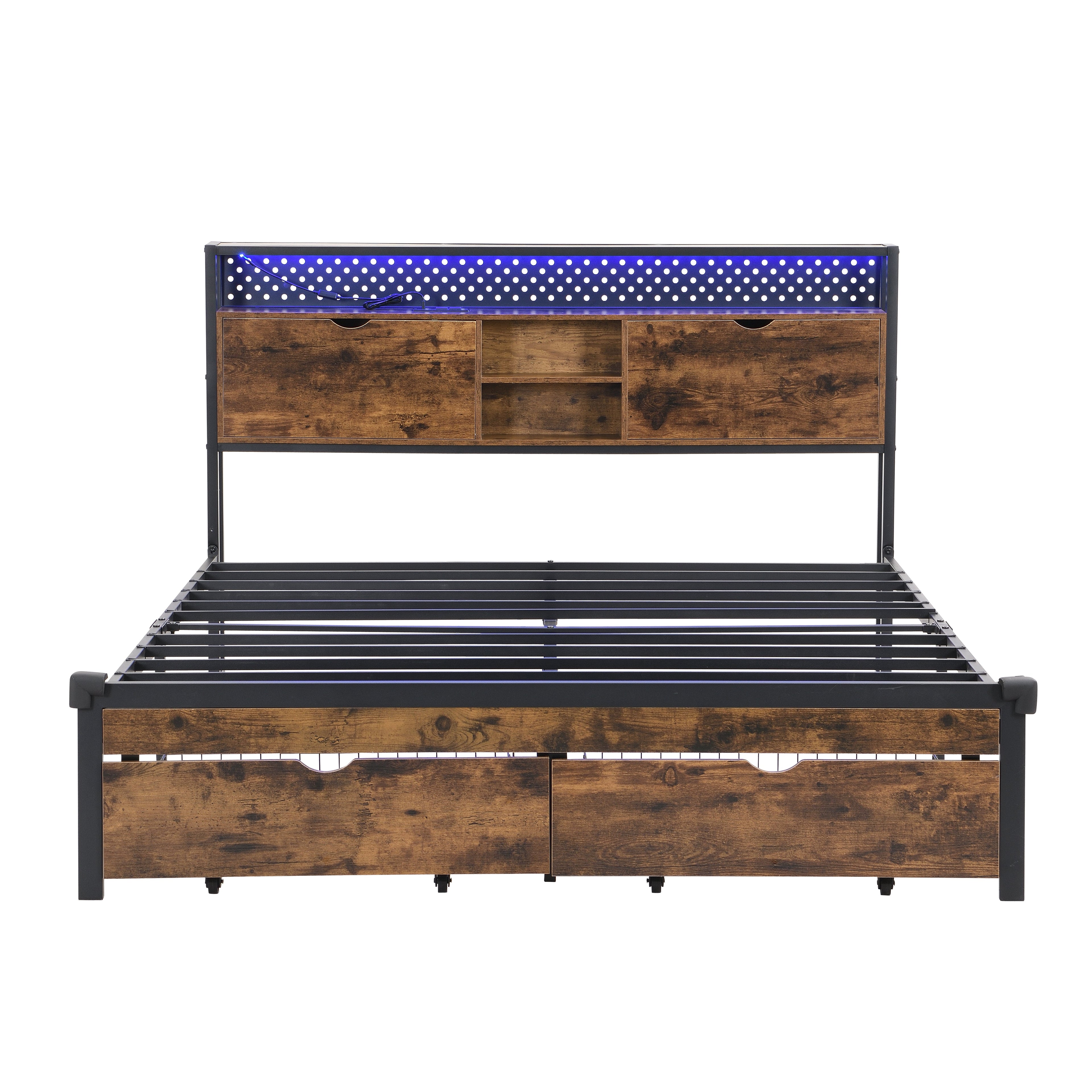 Queen Size Metal Platform Bed Frame with Wooden Headboard