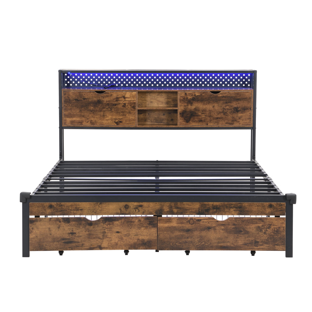 Full Size Metal Platform Bed Frame with Wooden Headboard and USB Charging