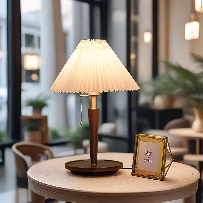 Traditional Pleated Wooden Desk Lamp with Solid Wood Base