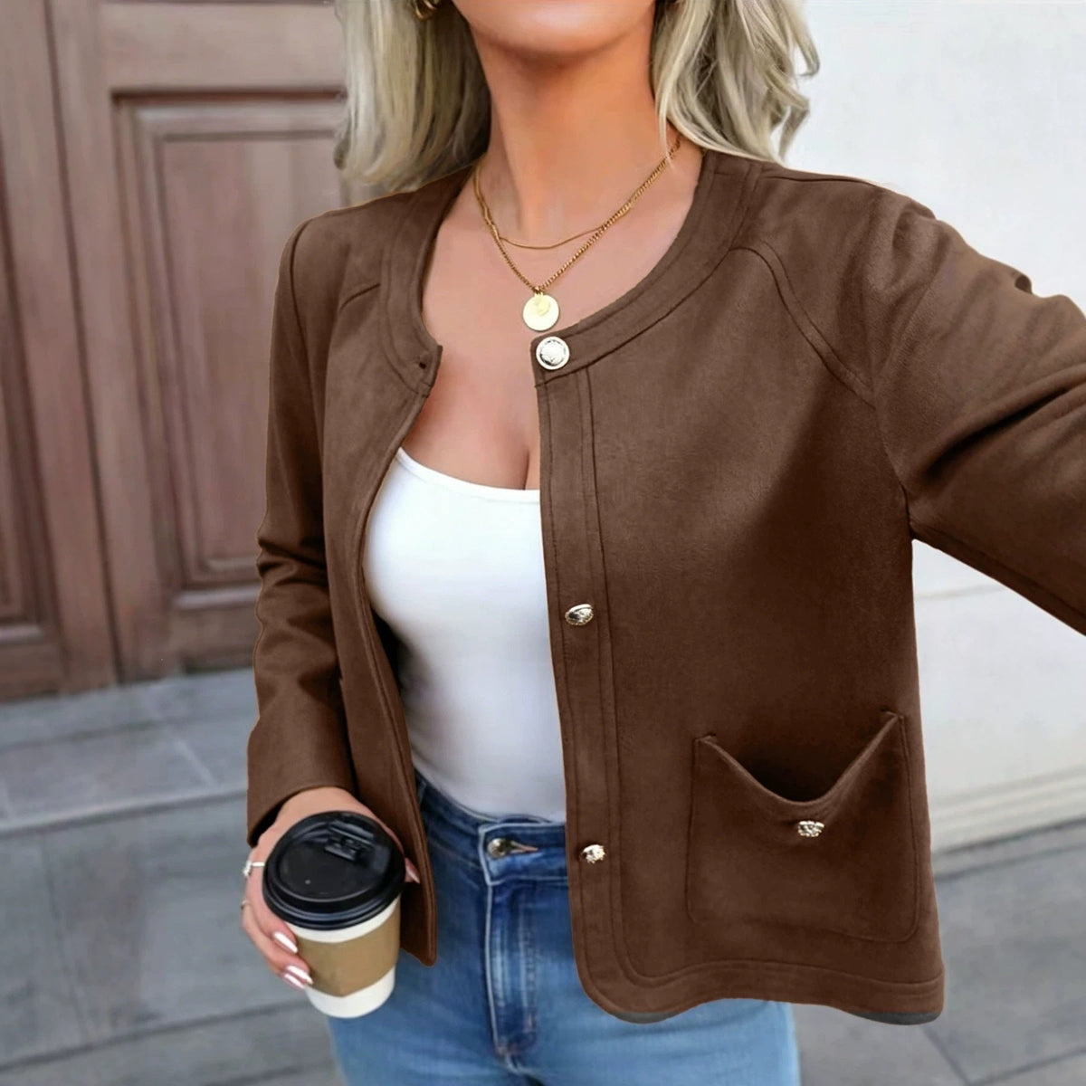 Womens Button-front Long-sleeve Cardigan Blazer