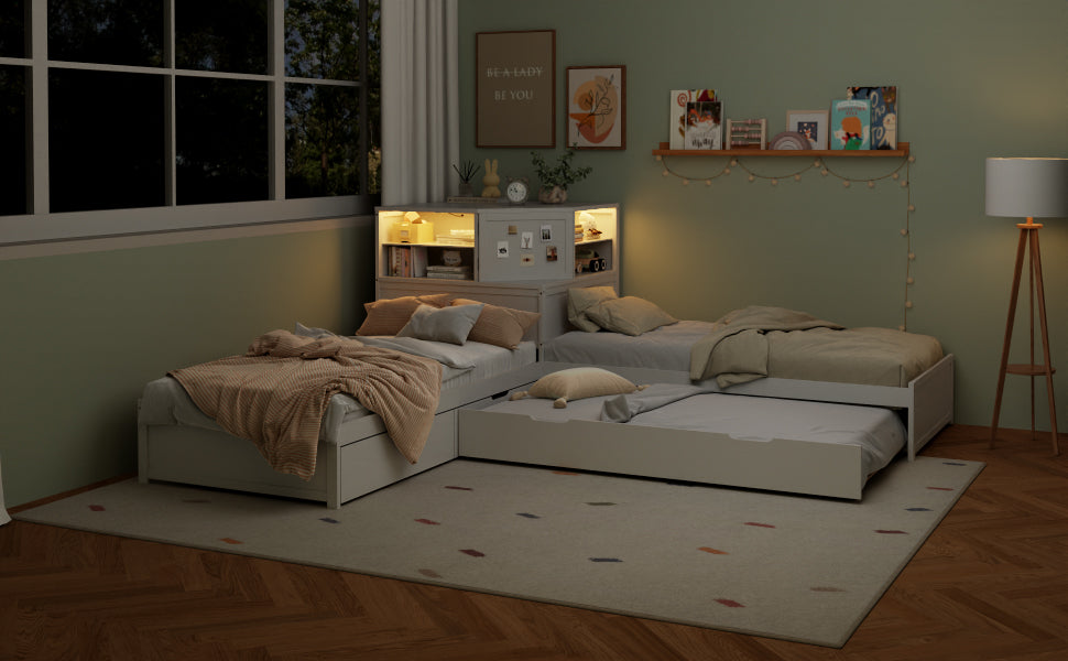 L-Shaped Combination Twin Bed Frame with Trundle and Drawer