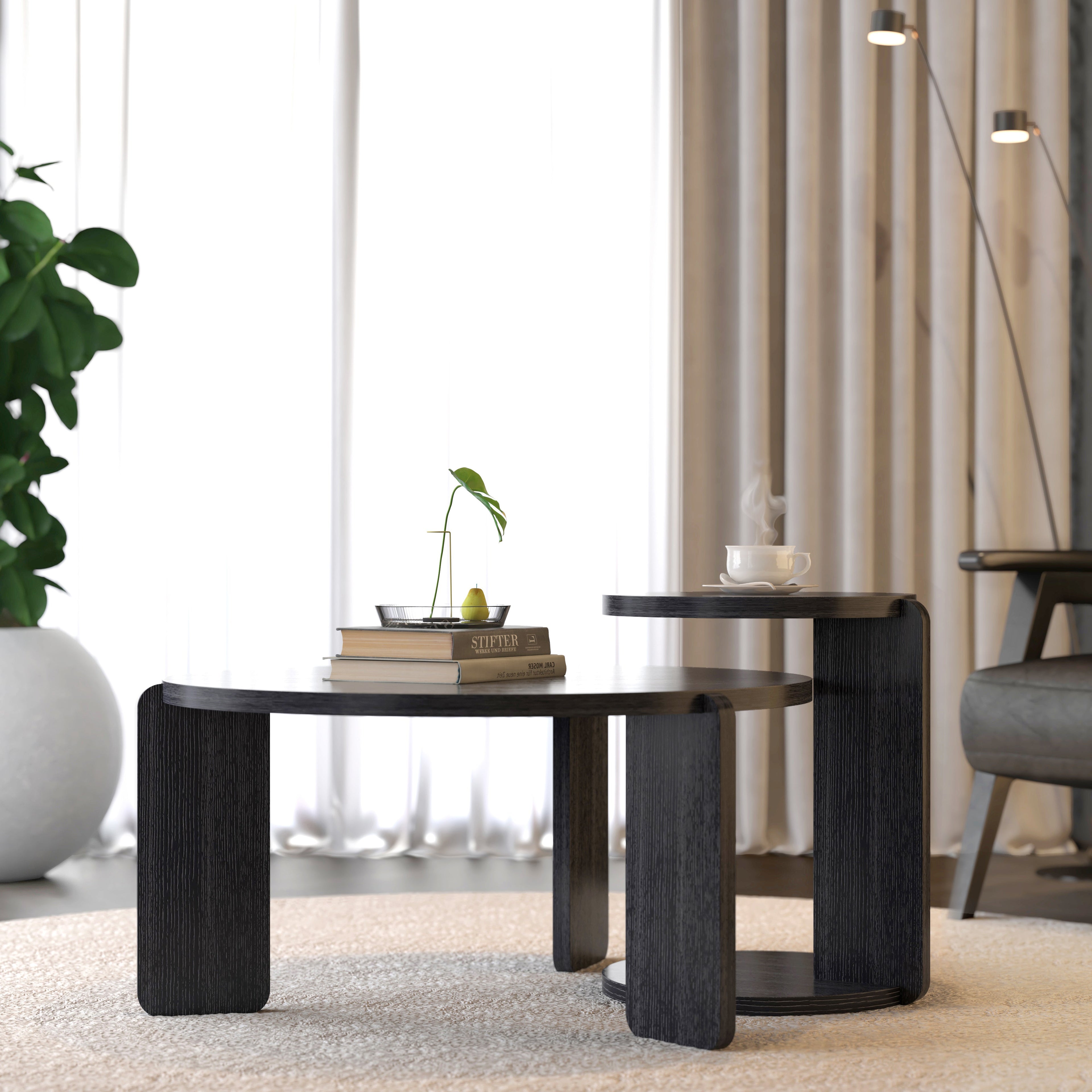Nesting Round Wood Coffee Table with End Table Set of 2