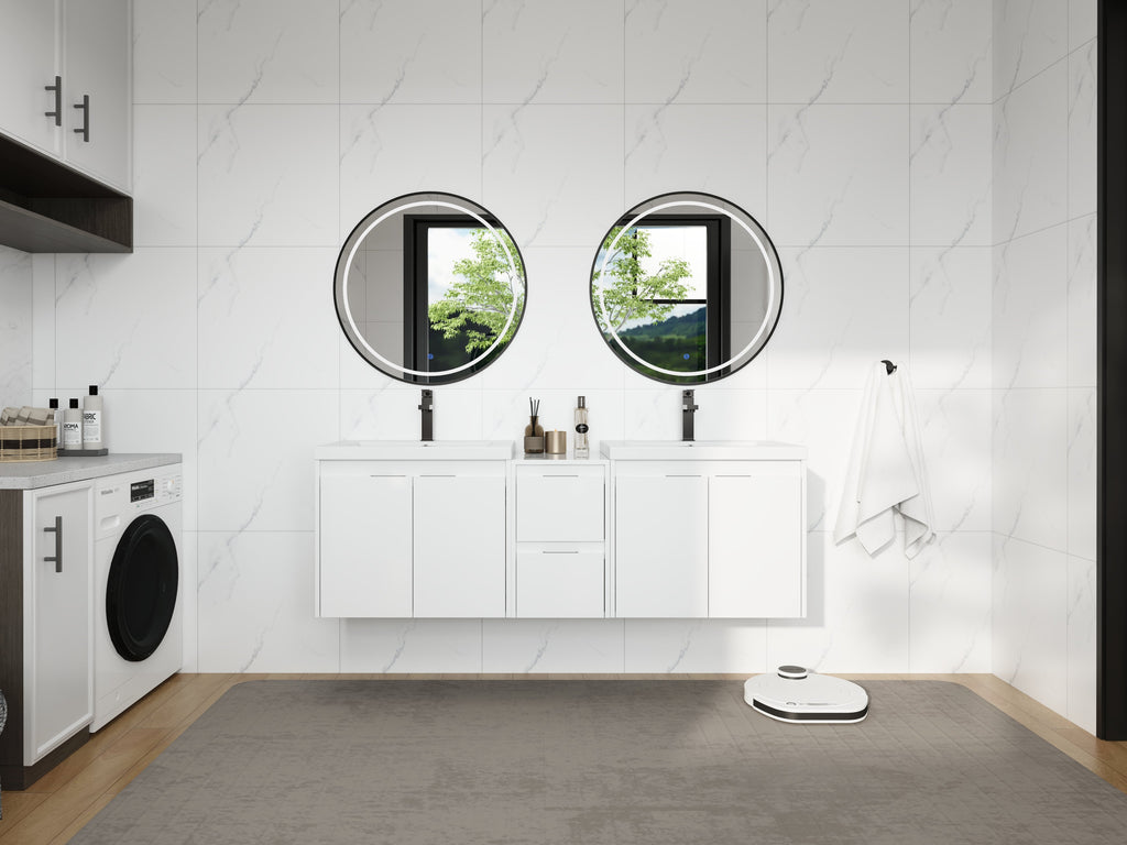 60" Bathroom Vanity With Resin Sink, Soft Close Doors and 1-Side Cabinet, Float Mounting Design, Glossy
