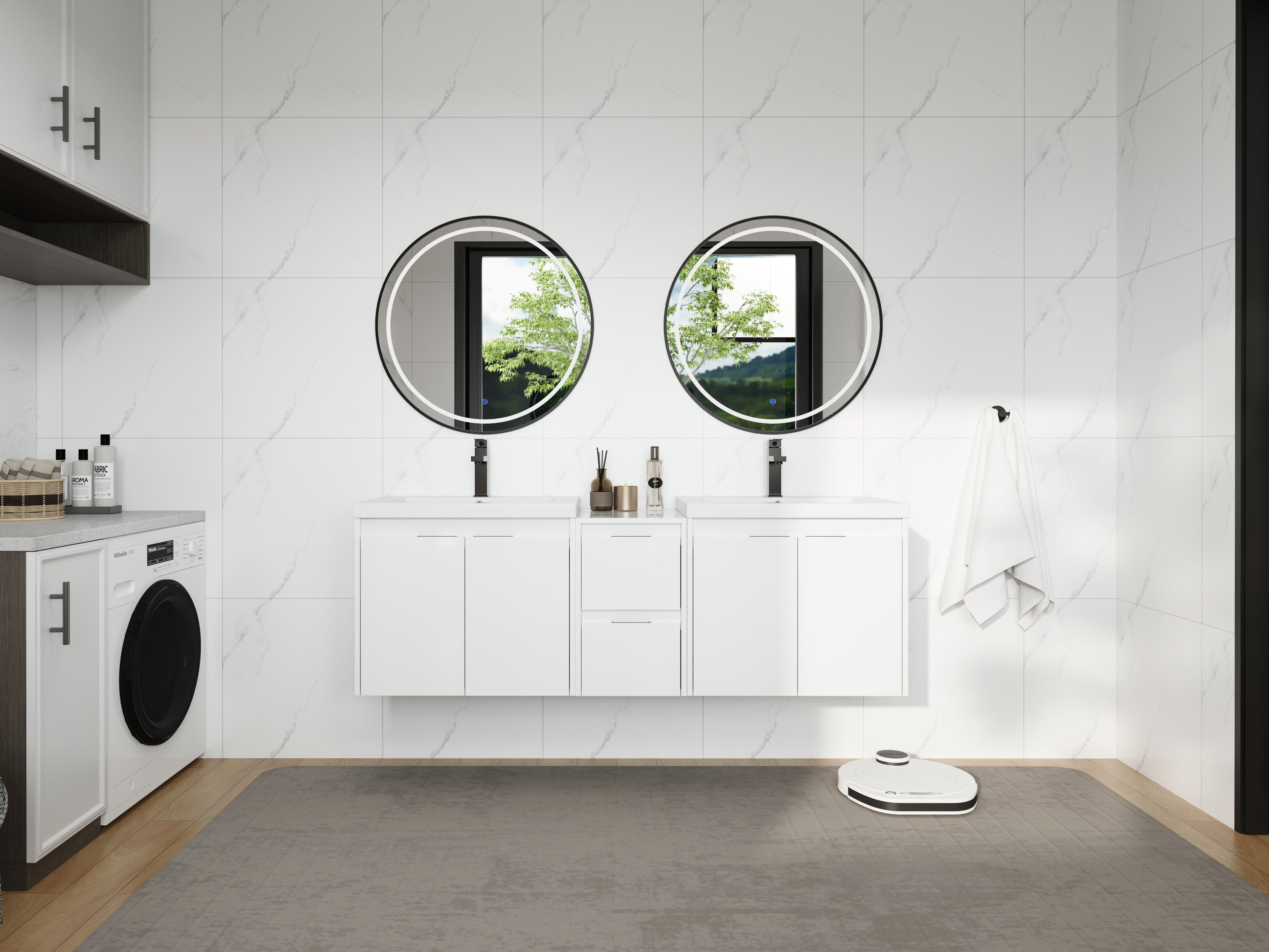 60" Bathroom Vanity With Resin Sink, Soft Close Doors and 1-Side Cabinet, Float Mounting Design, Glossy