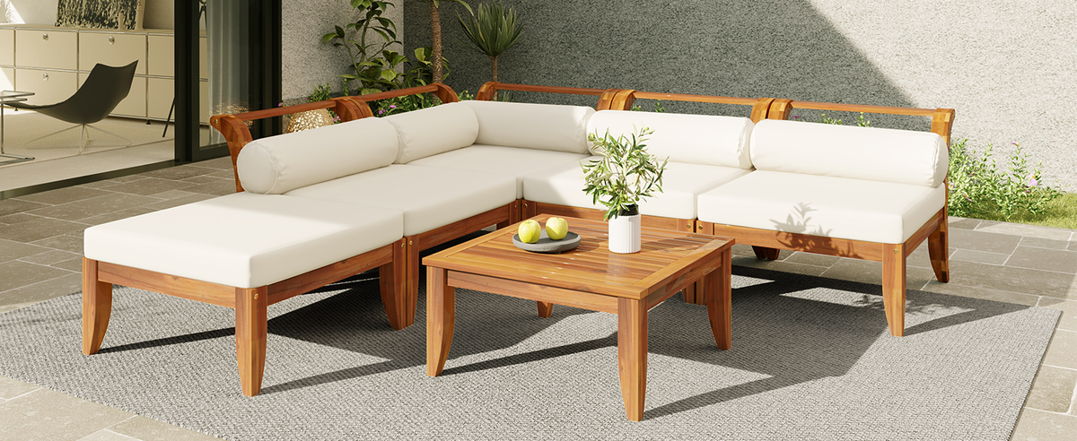 TOPMAX 6 Piece Patio Sofa Set - Acacia Wood Modular Sectional