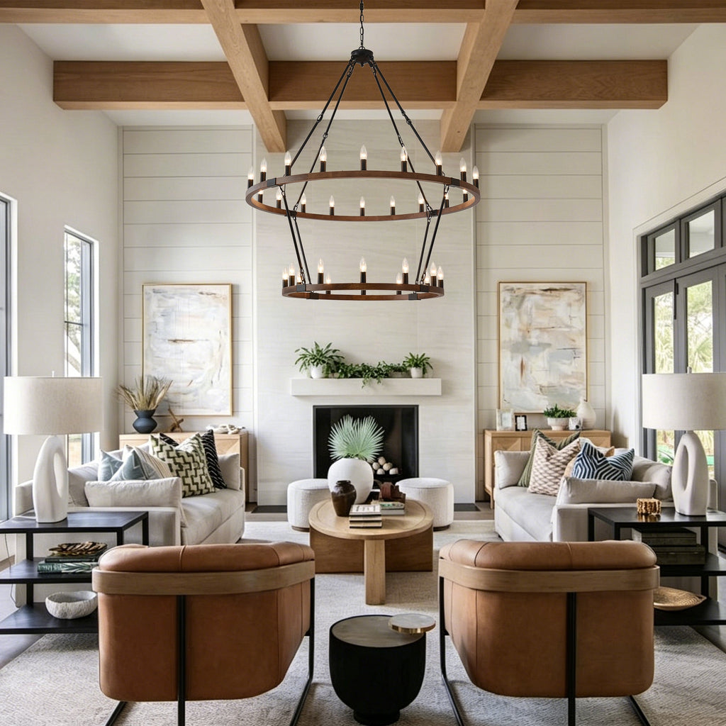 Large Solid Wood Wagon Wheel Chandelier - 32 Lights