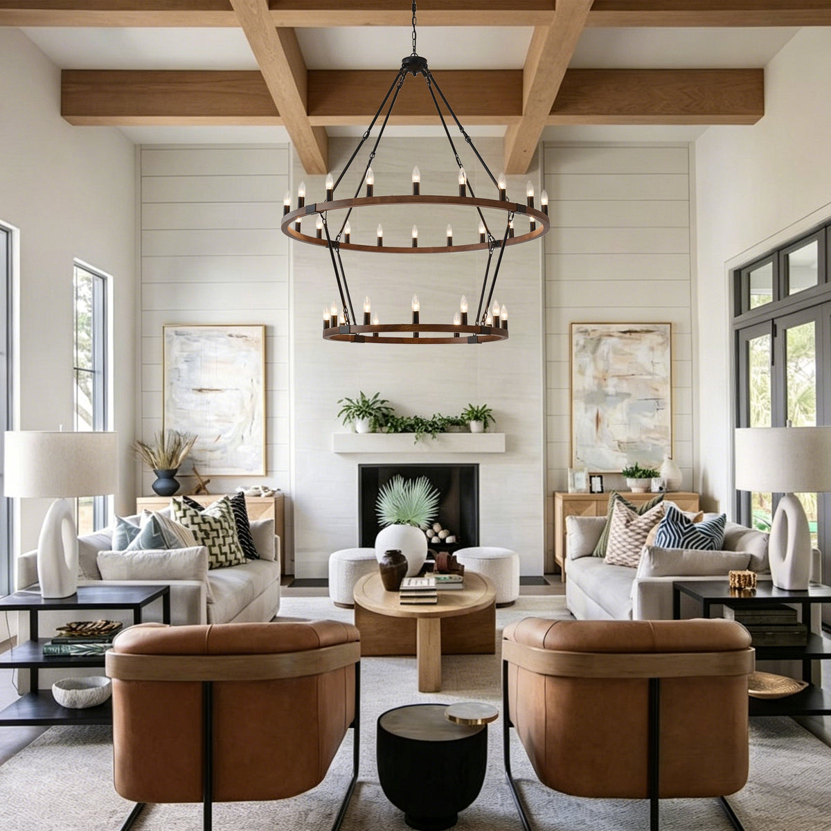 Large Solid Wood Wagon Wheel Chandelier - 32 Lights