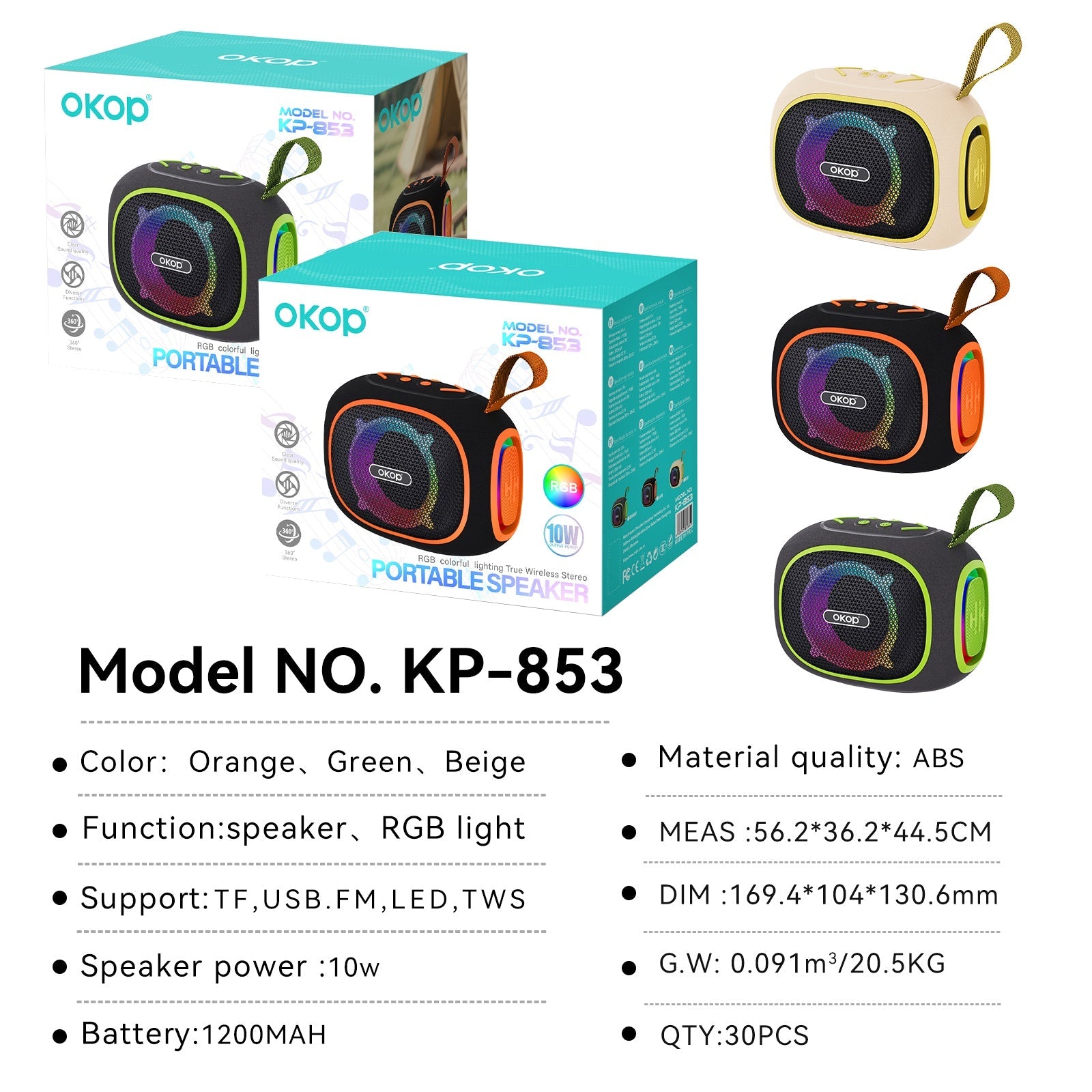 KP-853 New Wireless Bluetooth Speaker Long Battery Life Portable Handle RGB Lighting In Stock For Outdoor Parties