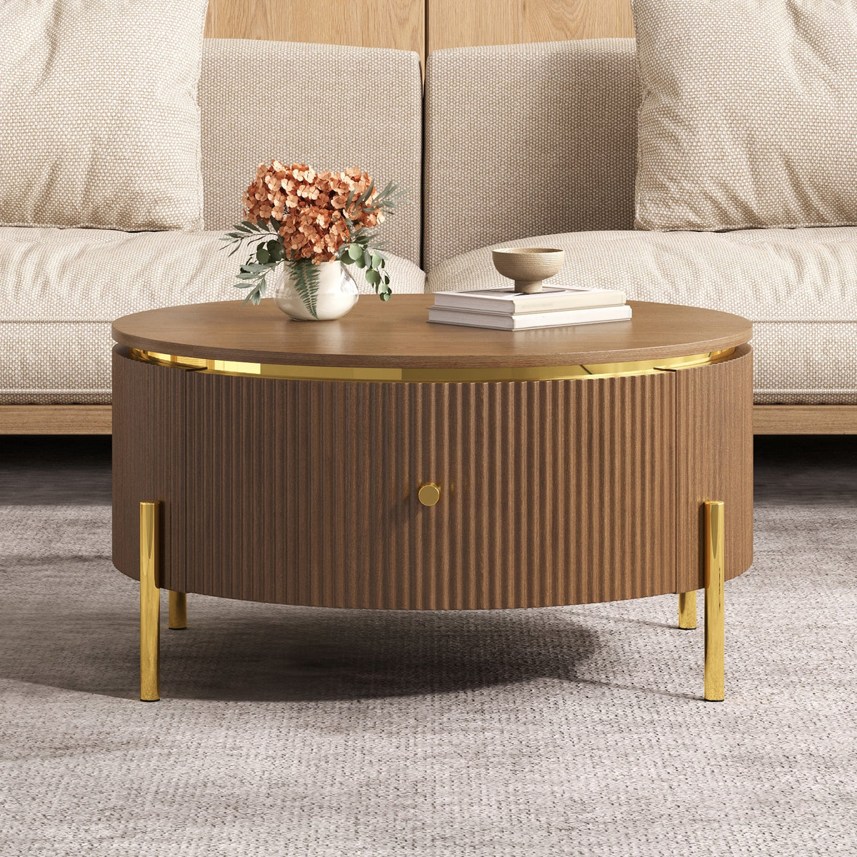 Modern Round Coffee Table with 2 Large Drawers